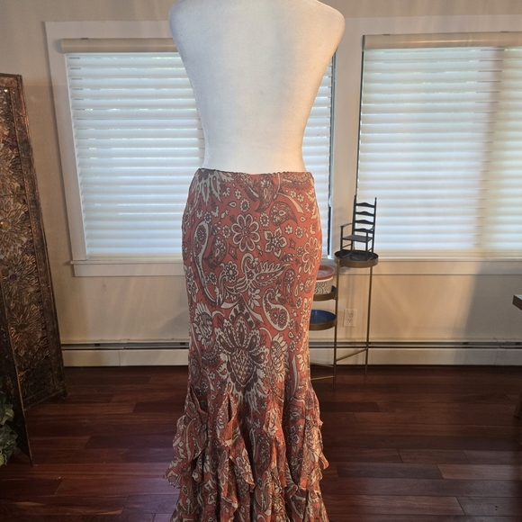 100% Silk Y2K Ruffled Paisley Floral Maxi Skirt Pink Cream Womens Size 14 - Picture 8 of 11